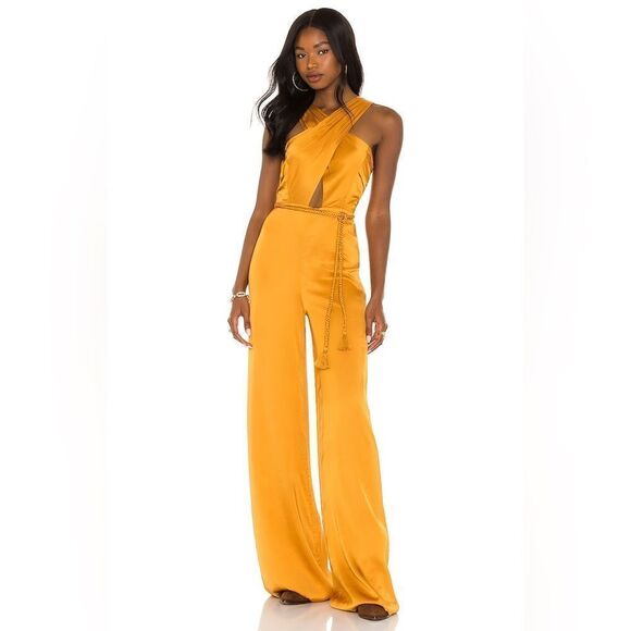 House of Harlow 1960 x Revolve Jayan Jumpsuit in Deep Gold Satin Halter Wide Leg - Picture 1 of 15